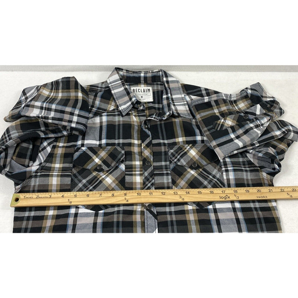 Reclaim‎ Shirt Mens Medium Black Brown Plaid Snap Up Pockets Western Long Sleeve - Picture 6 of 10
